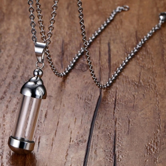 Silver Glass Bottle Urn Pendant Container Jar Necklace 19.5" - New in Gift Box - Picture 3 of 6